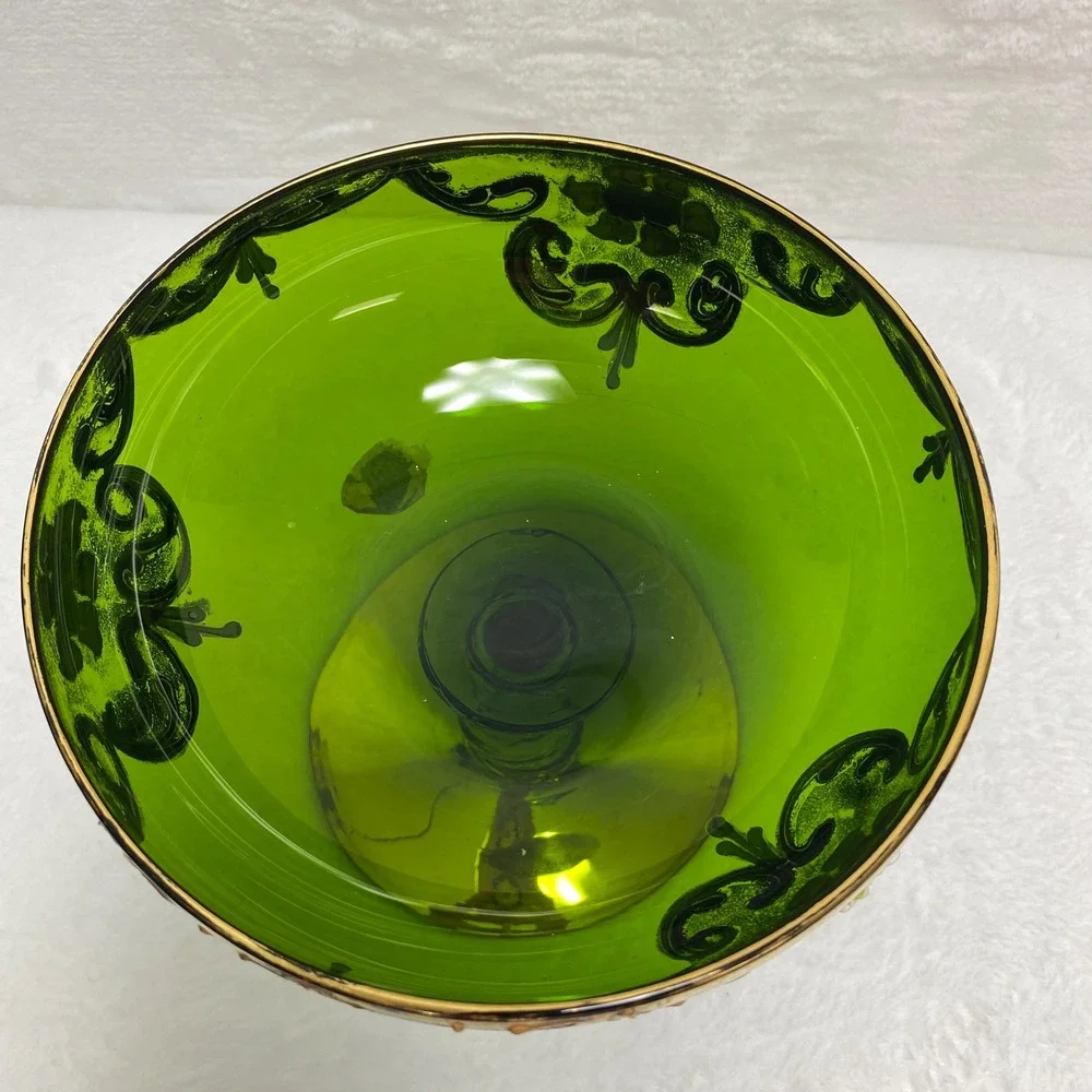 VTG Green Glass Pedestal Compote Bowl Goblet Candy Dish‎ Bowl Gold Leaf Italy